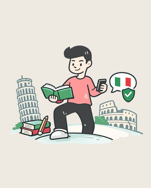 Illustration: a student with an Italian book and a phone, between the Leaning Tower of Pisa and the Colosseum.