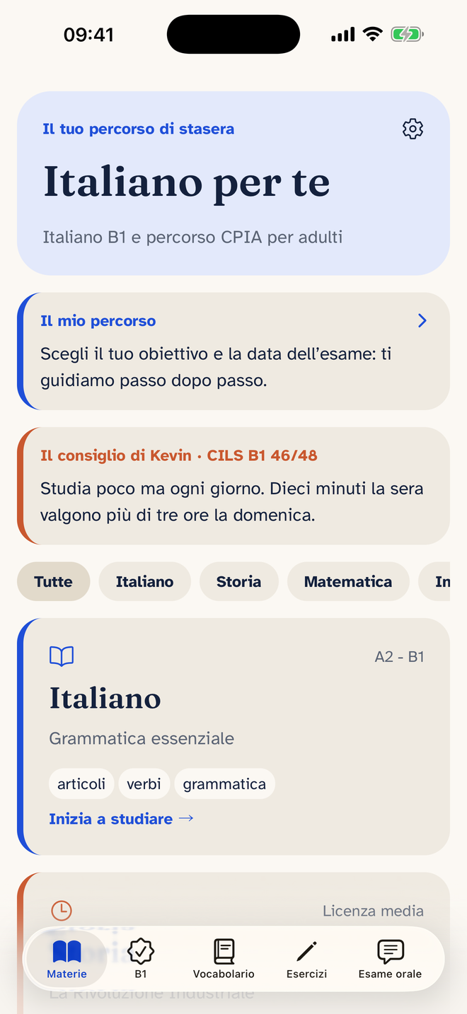 The Italiano per te home screen: CPIA subjects and the path to B1.